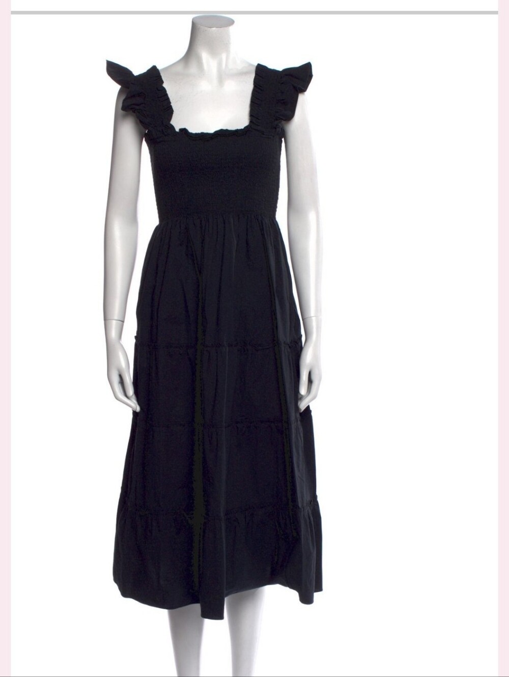 HILL HOUSE Black Smocked Bodice Midi Dress with Ruffle Straps